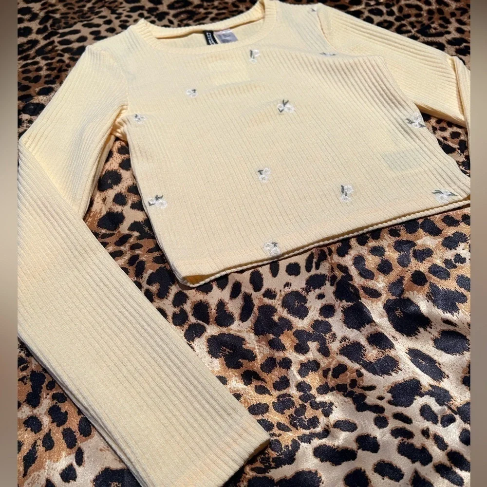 NWT H&M Daisy Embroidered Pastel Yellow Cropped Long Sleeve